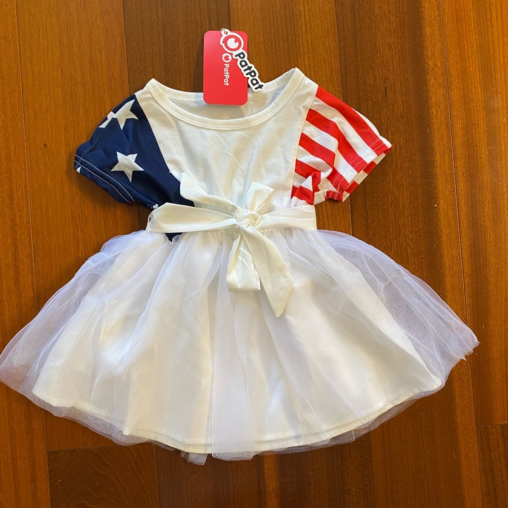 Girl Independence Day American Flag Star-Striped  Belted Tulle Mesh Dress